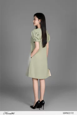 Đầm Suông Cổ Tròn, Tay Bồng Xếp Ly