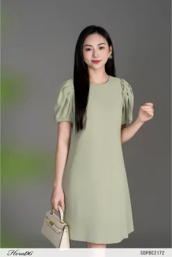 Đầm Suông Cổ Tròn, Tay Bồng Xếp Ly