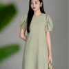 Đầm Suông Cổ Tròn, Tay Bồng Xếp Ly