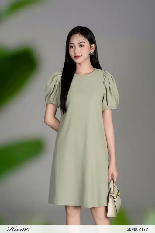Đầm Suông Cổ Tròn, Tay Bồng Xếp Ly