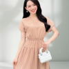 Đầm Thiết Kế Dáng Xòe Vai Chờm Chun Eo Phối Kẻ
