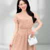Đầm Thiết Kế Dáng Xòe Vai Chờm Chun Eo Phối Kẻ