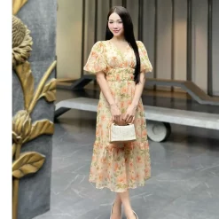 Đầm Xòe Tay Bồng Họa Tiết Hoa 