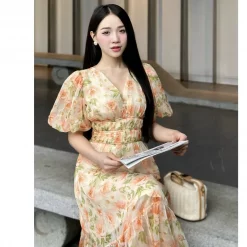 Đầm Xòe Tay Bồng Họa Tiết Hoa 