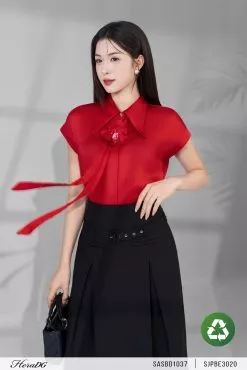 Áo Sơ Mi Tay Chờm Nơ Cổ Đính Hoa