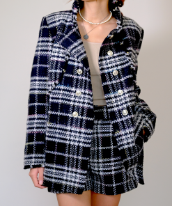 Áo dạ tweed đen kẻ ô CHEO Fashion