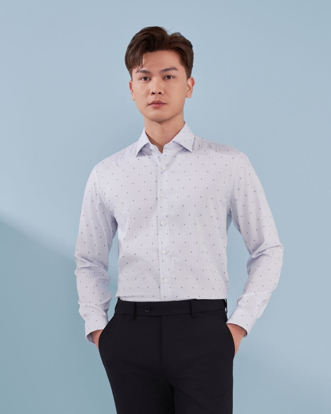 Áo Sơ Mi Dài Tay Xanh Nhạt Thiết Kế Hoạ Tiết Cao Cấp BILUXURY