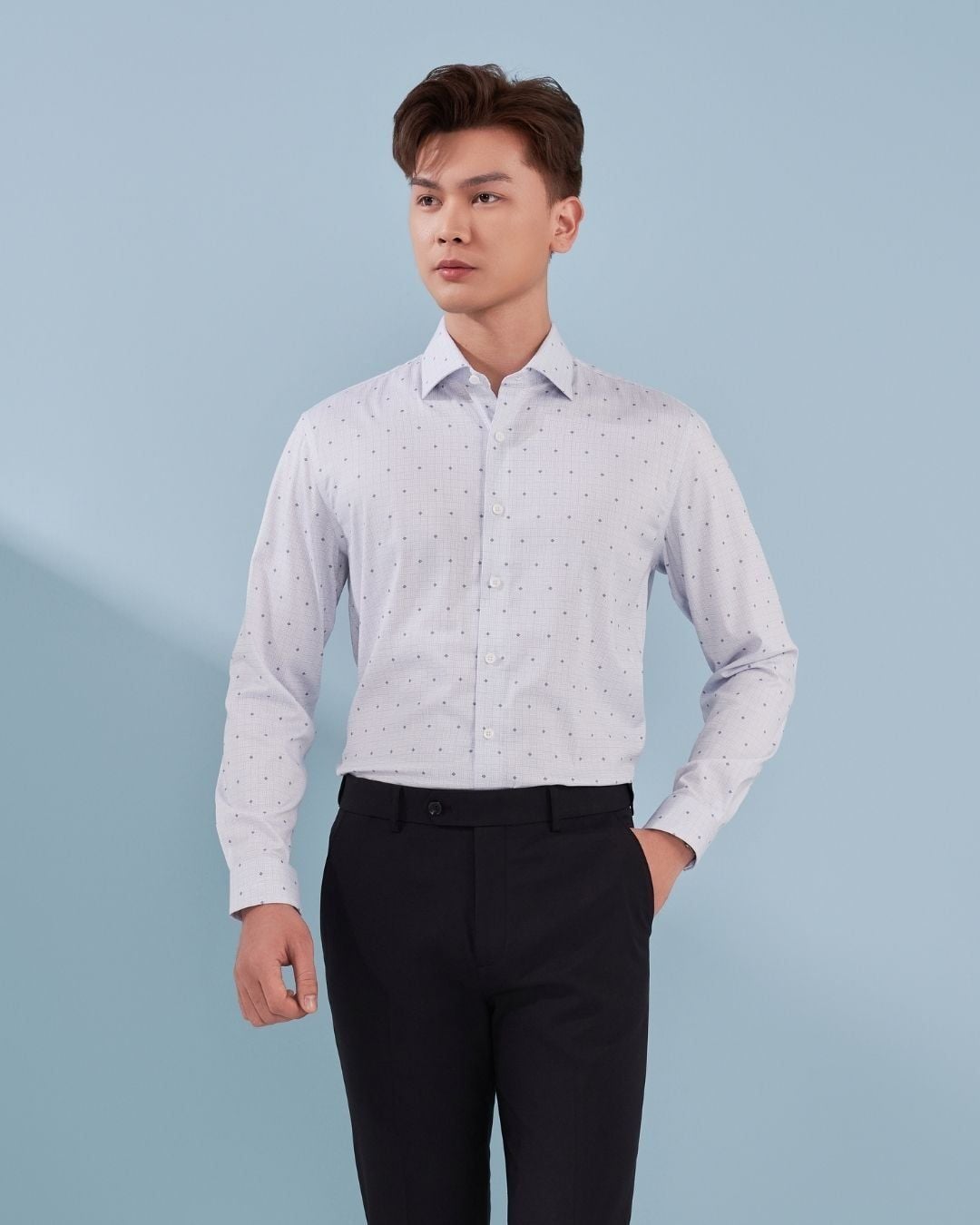 Áo Sơ Mi Dài Tay Xanh Nhạt Thiết Kế Hoạ Tiết Cao Cấp BILUXURY