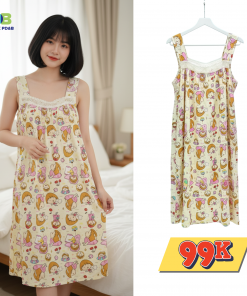 Váy ngủ lanh in họa tiết dễ thương